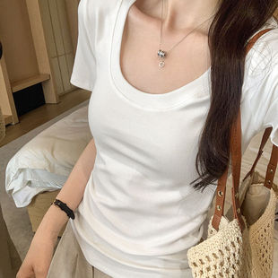 韩系独特漂亮白色u领正肩短袖t恤女夏2026新款修身显瘦超好看上衣