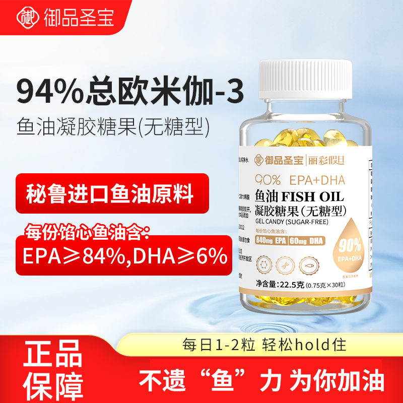高含量94%欧米伽-3无糖型鱼油凝胶糖果30粒中老年成人EPA+D