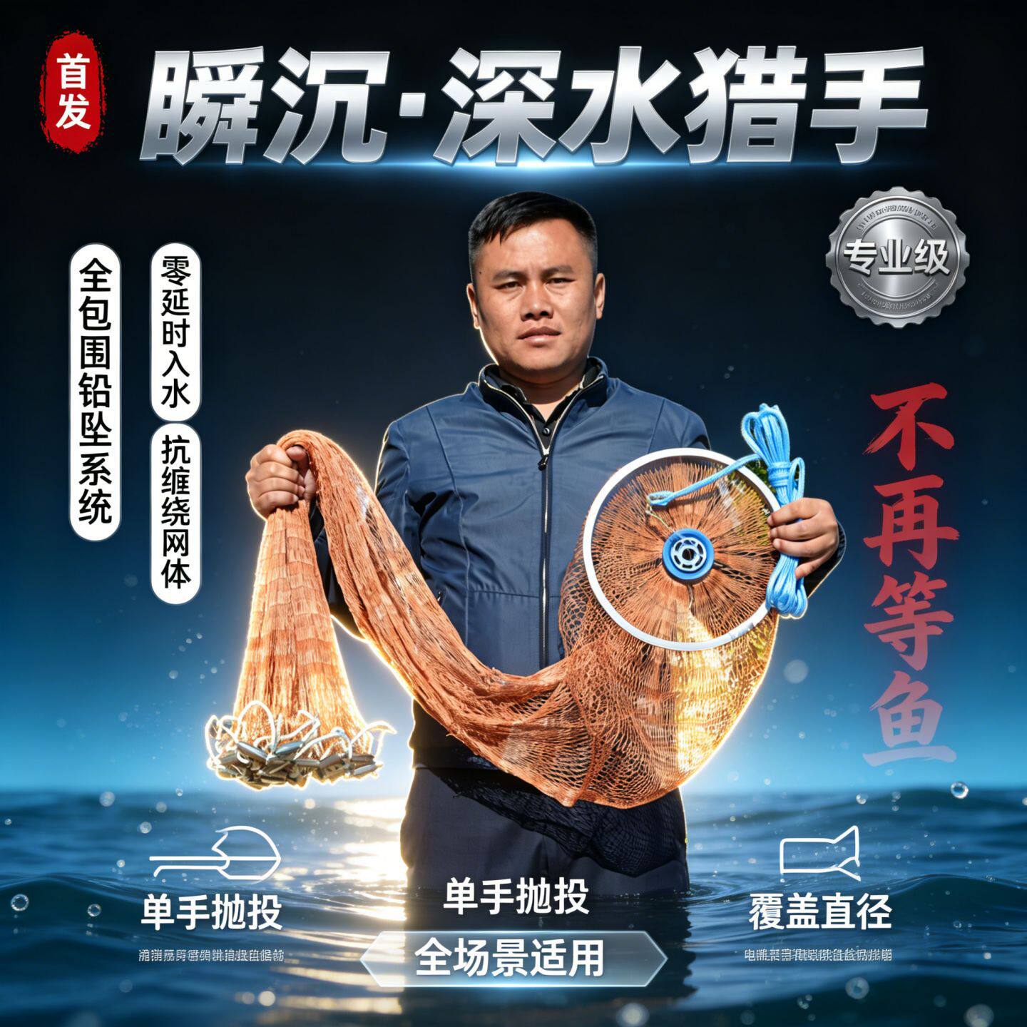 渔业用品美式铝环飞盘手抛网自动旋开傻瓜操作休闲娱乐抓鱼网