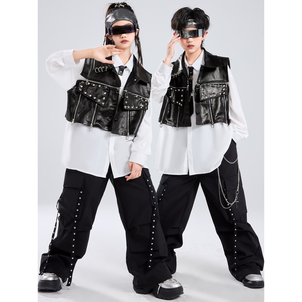 儿童街舞演出服嘻哈风男女童少儿hiphop潮服穿搭酷帅衬衫马甲套装
