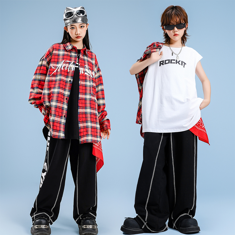 少儿街舞嘻哈套装男女童hiphop演出服红色格子衬衫长袖经典百搭秋