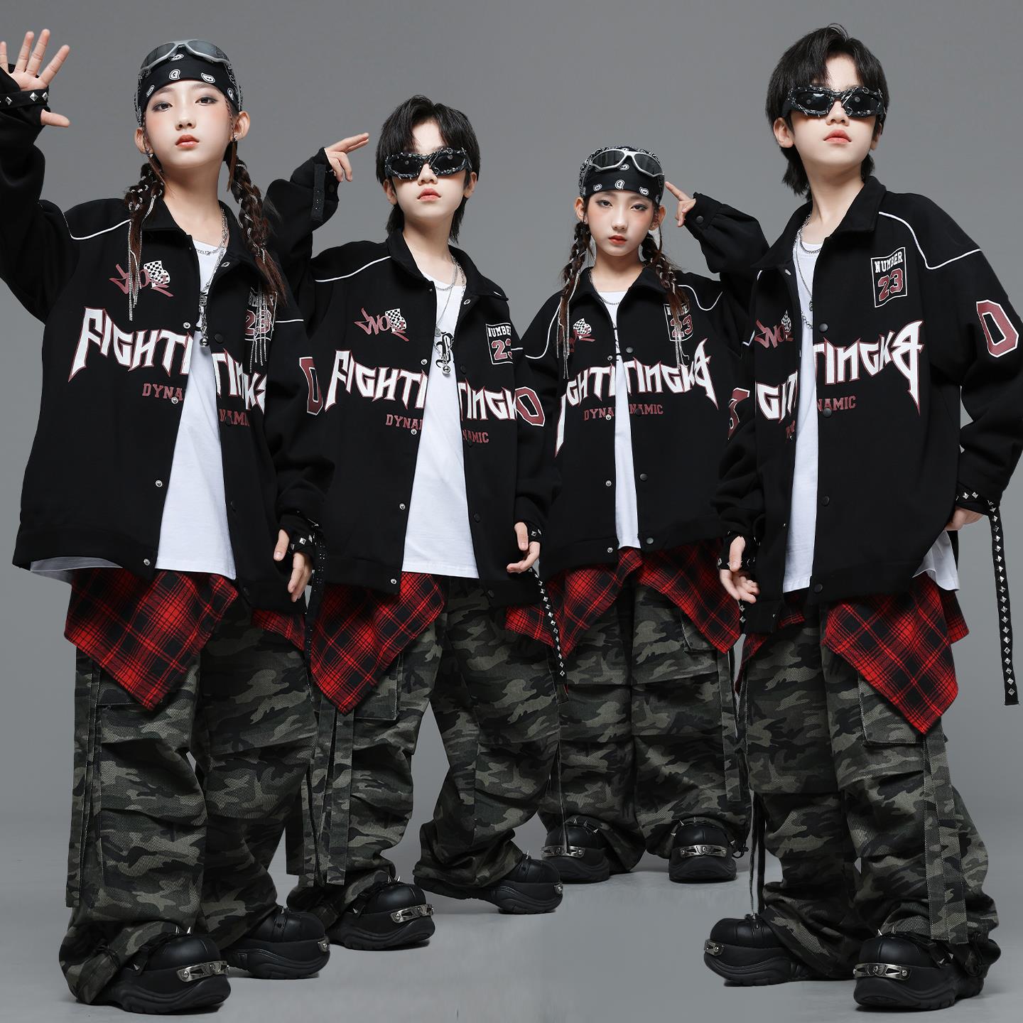 儿童街舞演出服女童爵士舞服少儿迷彩工装裤男童酷帅美式嘻哈套装