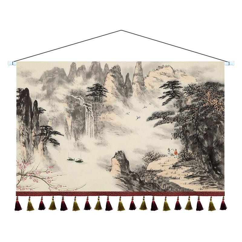 挂布沙发背景墙茶室卧室床头装饰画中式山水布艺水墨挂画挂毯