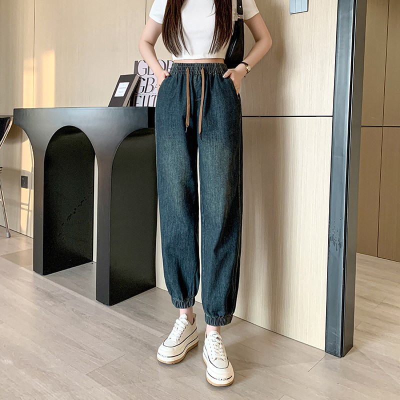 新品复古c水洗新塘牛仔裤女春秋新款高腰束脚哈伦裤子小个子休闲