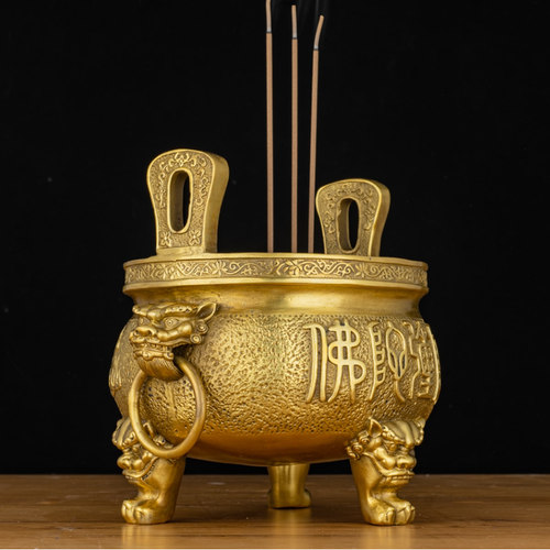 新品家用纯铜香炉供奉p佛前檀香炉佛字三脚供佛烧香炉室内佛前佛