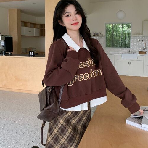 新品大码胖MMi假两件卫衣格子半身裙学院风甜美jk套装制服显瘦两