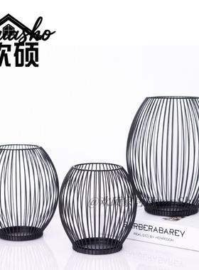 amz跨境黑色灯笼烛台 复古铁艺金属蜡烛摆件 家居店铺陈设装饰品
