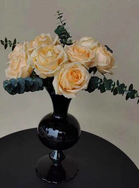 玻璃黑色花客厅插花花器欧式禅意花道器皿桌面装饰摆件