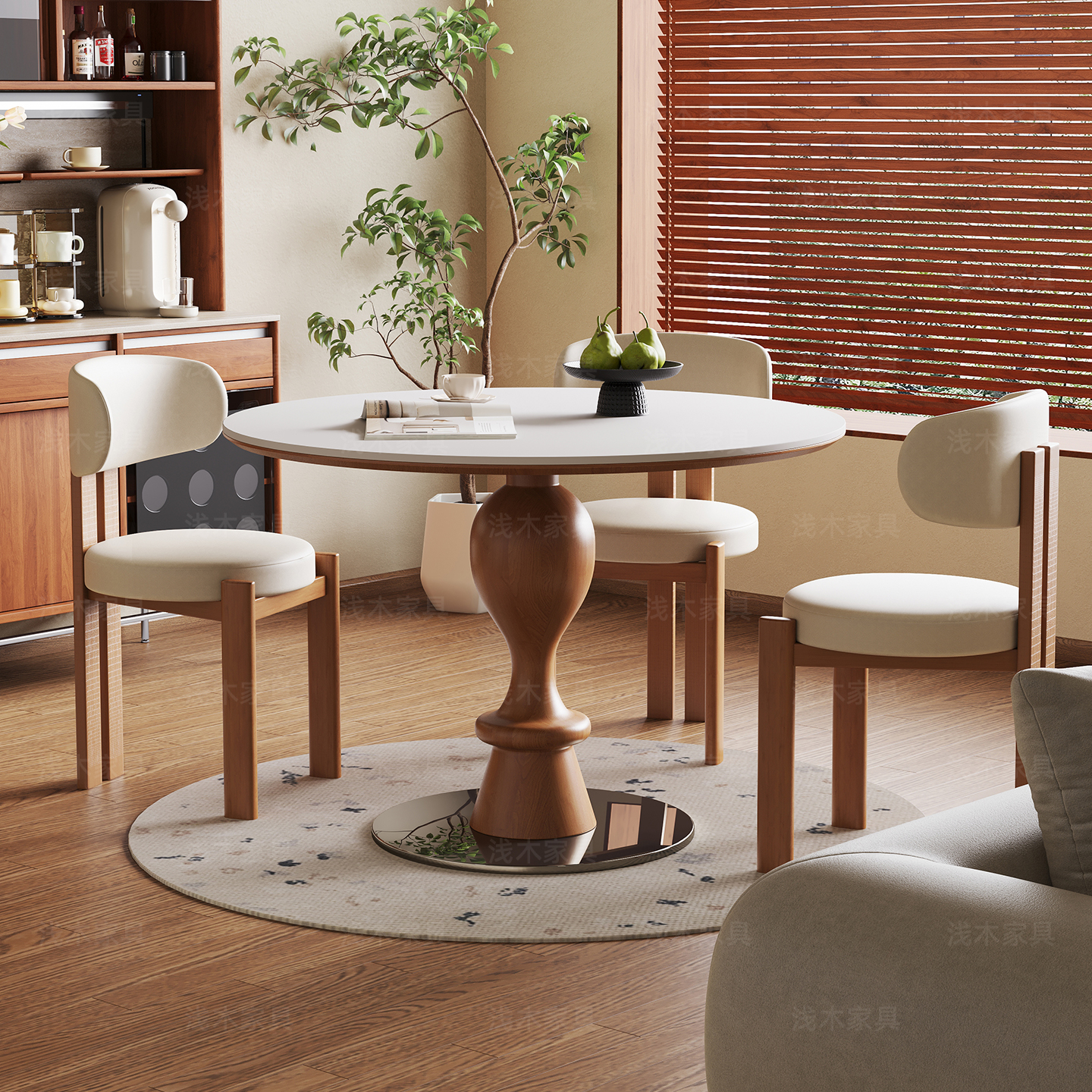 浅木中古风岩板圆形餐桌椅组合
