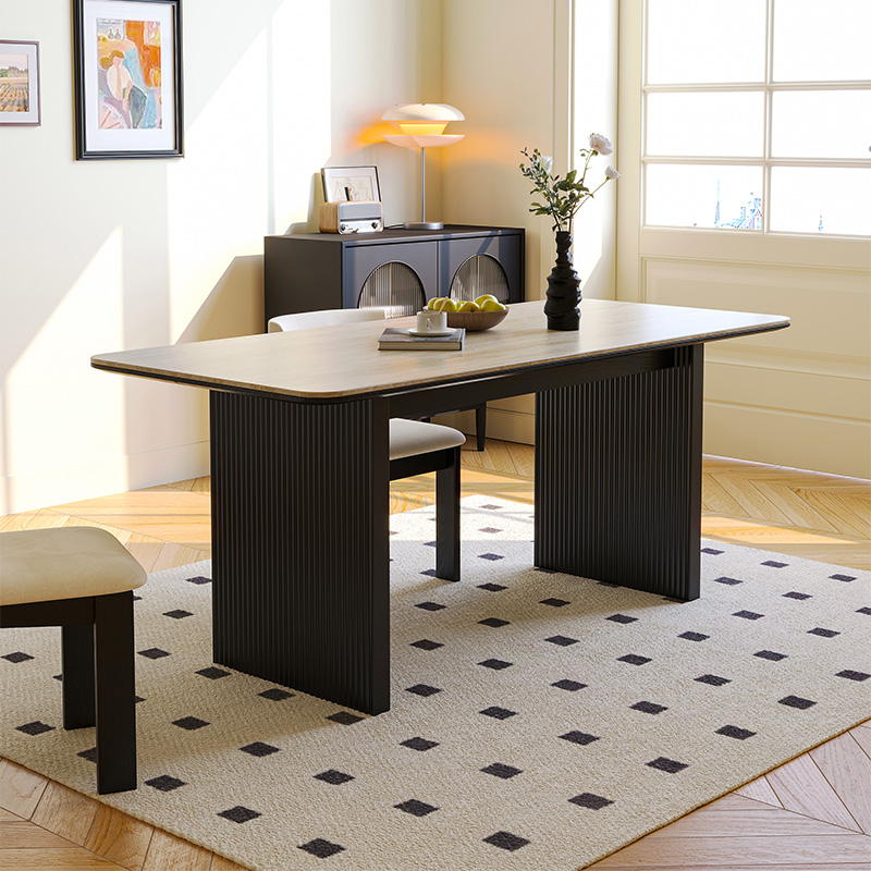 浅木法式中古洞石方形餐桌椅组合家用现代复古风实木黑色岩板饭桌