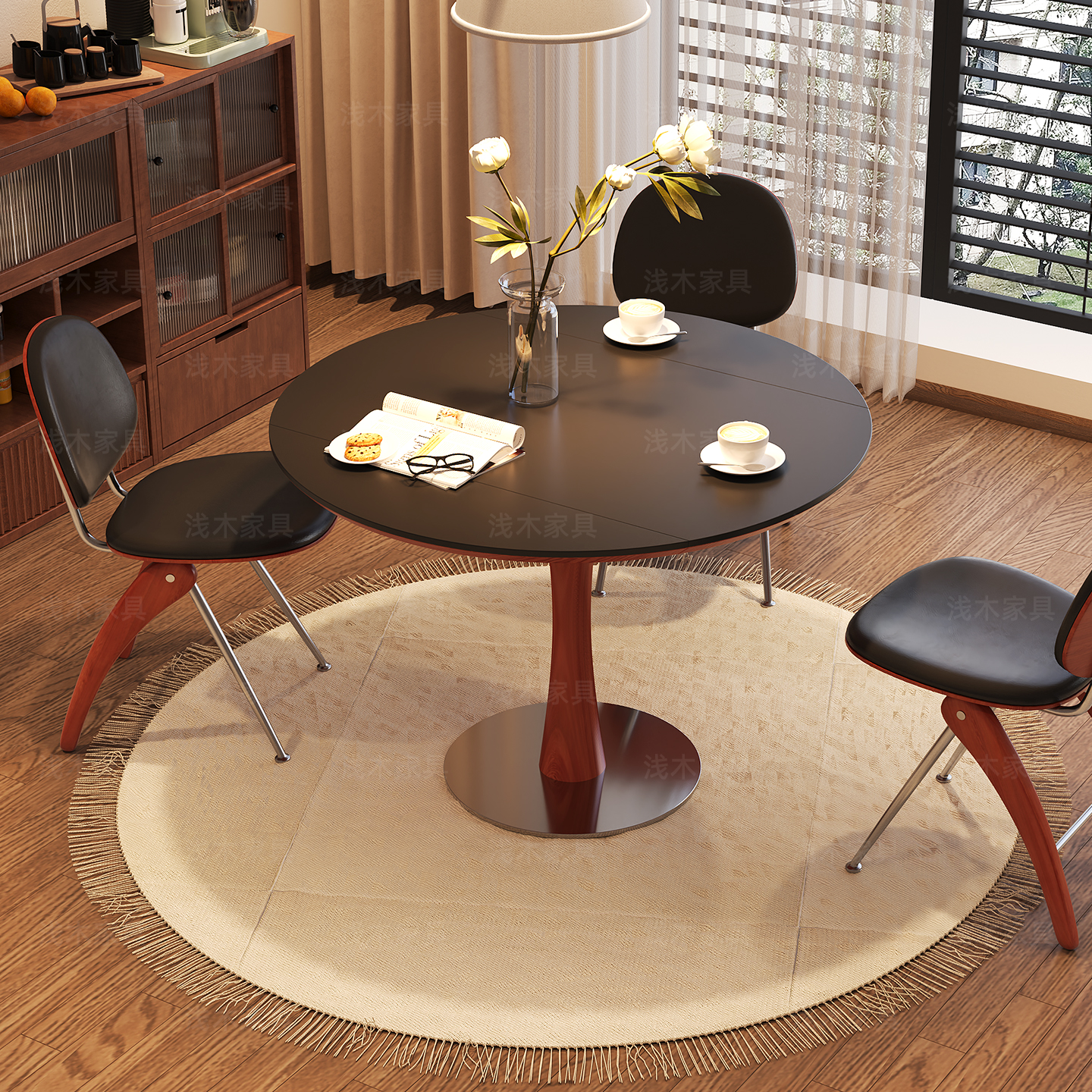 浅木中古功能圆形餐桌椅家用