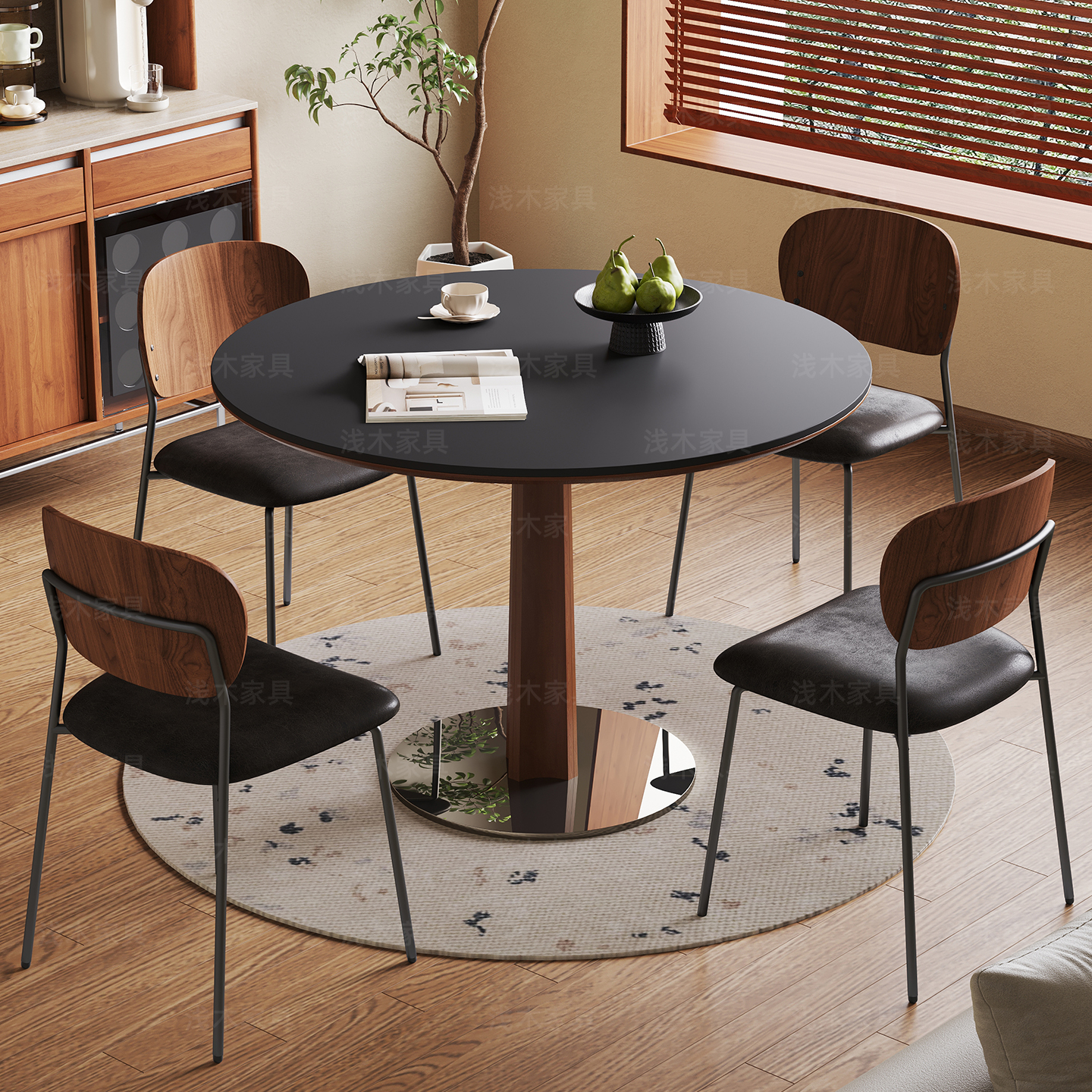 浅木中古风实木岩板圆形餐桌椅