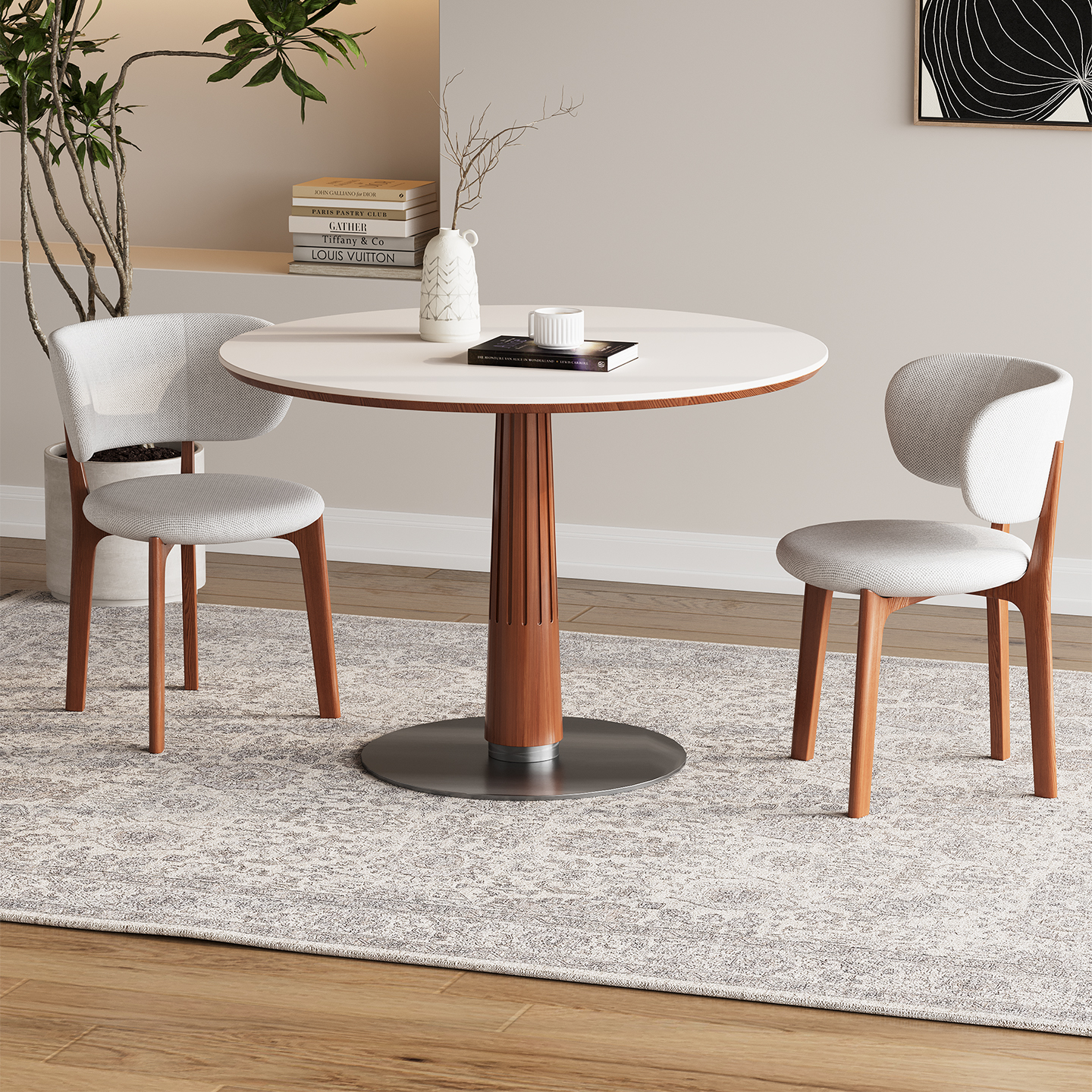 浅木中古风实木圆形岩板餐桌椅