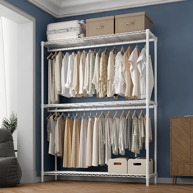 川井衣架落地挂衣架双层卧室衣帽架置物架家用简易金属衣柜