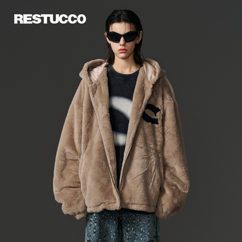 RESTUCCO仿兔毛连帽慵懒风外套