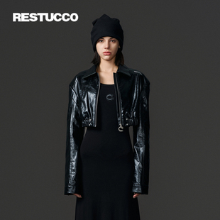 PU皮质短款 新款 RESTUCCO 外套女辣妹黑色机车夹克 设计师品牌