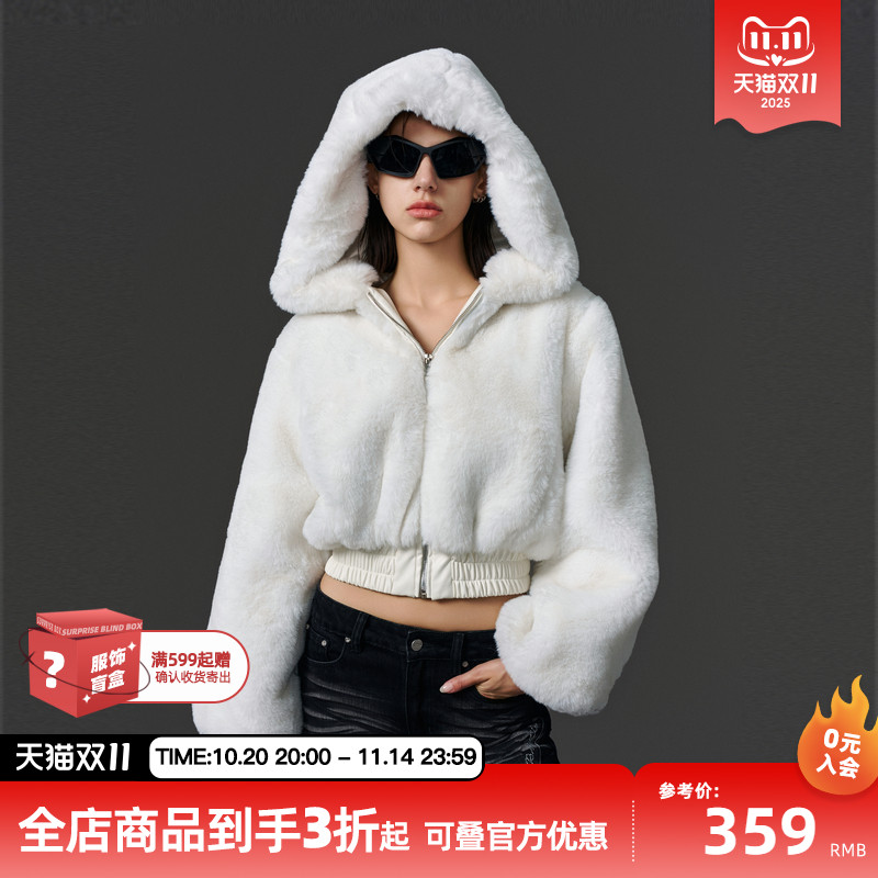 RESTUCCO仿兔毛保暖连帽短外套