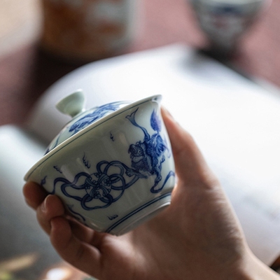 仿古斗彩釉中青花陶瓷盖碗单个二才盖碗泡茶碗茶杯釉里Z红功夫茶