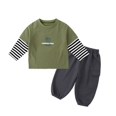 【露营风】男童套装春季户外女童假两件T恤两件套春秋儿童登山服