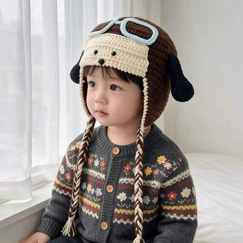 可爱小狗飞行员帽子毛线手工钩秋冬保暖礼物儿童宝宝帽材料包DIY