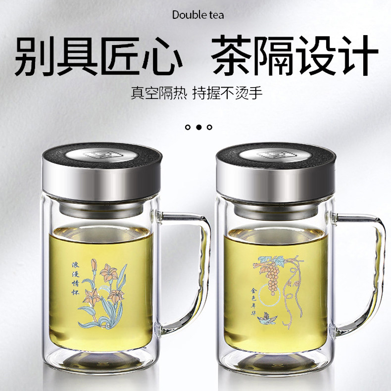带手柄双层玻璃杯办公水杯男女士泡茶喝水杯子单层家用把手加厚