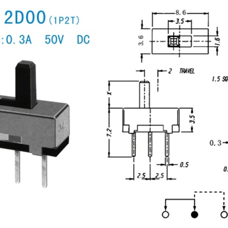 小型拨动开关SS12d00G4小电源开关 横柄式 二档三脚 .柄长4MM