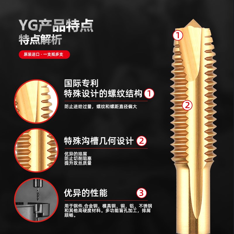 YG粉末冶金镀钛先端丝攻通孔机用丝锥TT829加工调质料高硬度