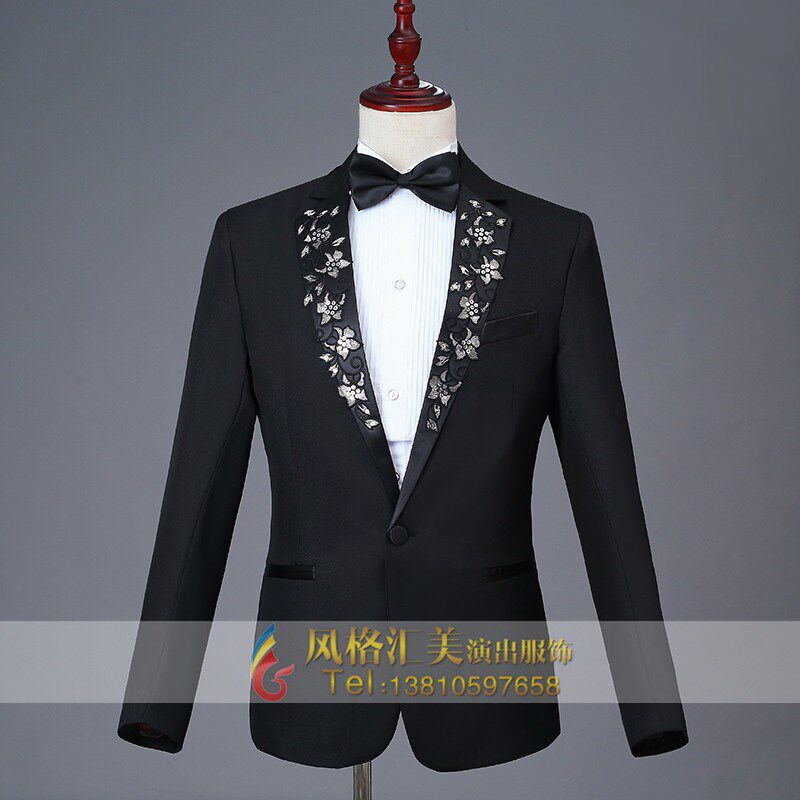 新品修身贴花男士合n唱服个性歌手司仪主持人演出服装礼服西服套
