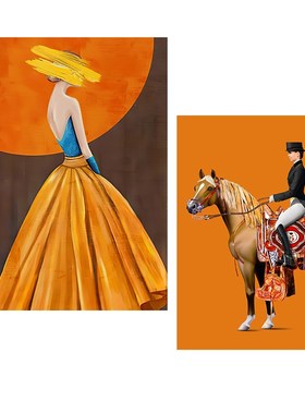 极速橙色骑士挂画客厅沙发背景墙玄关壁画马术时S尚美女艺术人物