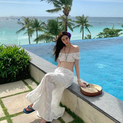 极速比基尼泳衣女2m025新款法式蕾丝分体三件套白色抹胸绝美沙滩