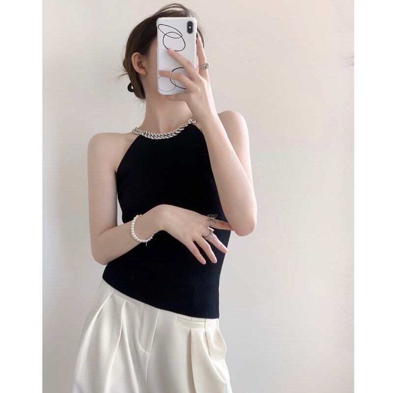 新品法式独特别致黑m色辣妹吊带小背心女夏外穿挂脖无袖抹胸上衣