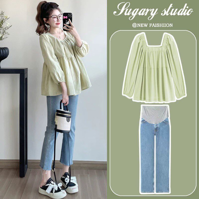 新品孕妇春装2025新款套装春夏秋季长袖宽松雪纺T娃娃衬衫上衣女