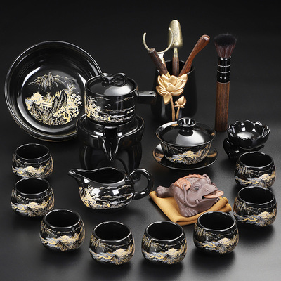 新品金山银山自动j茶具套装 家用整套陶瓷功夫泡茶器茶盏懒人石磨
