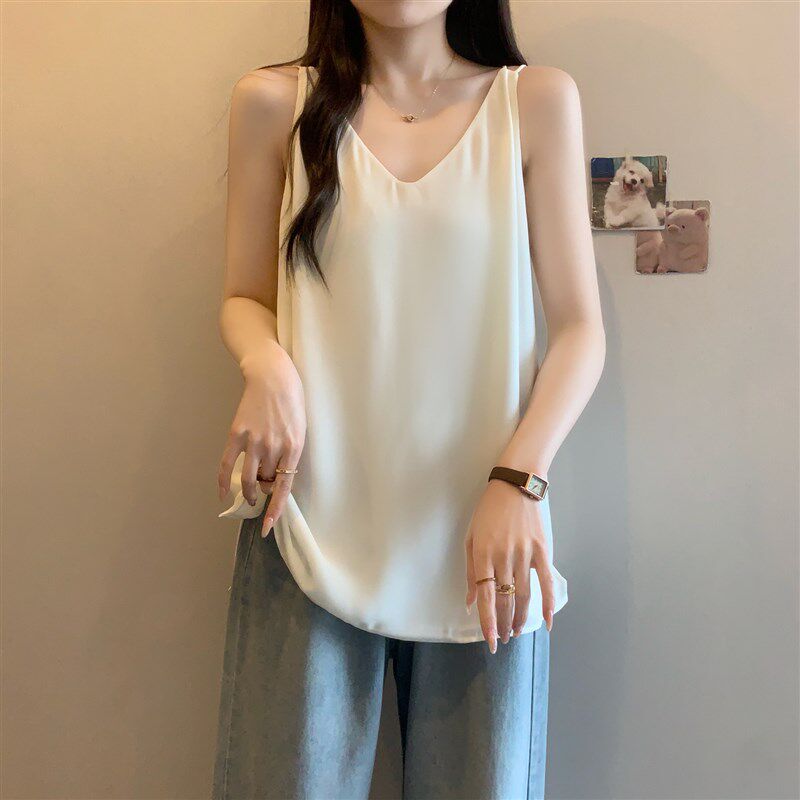 新品吊带背心女外穿夏季新款大码胖mmH显瘦遮肚子宽松无袖雪纺打