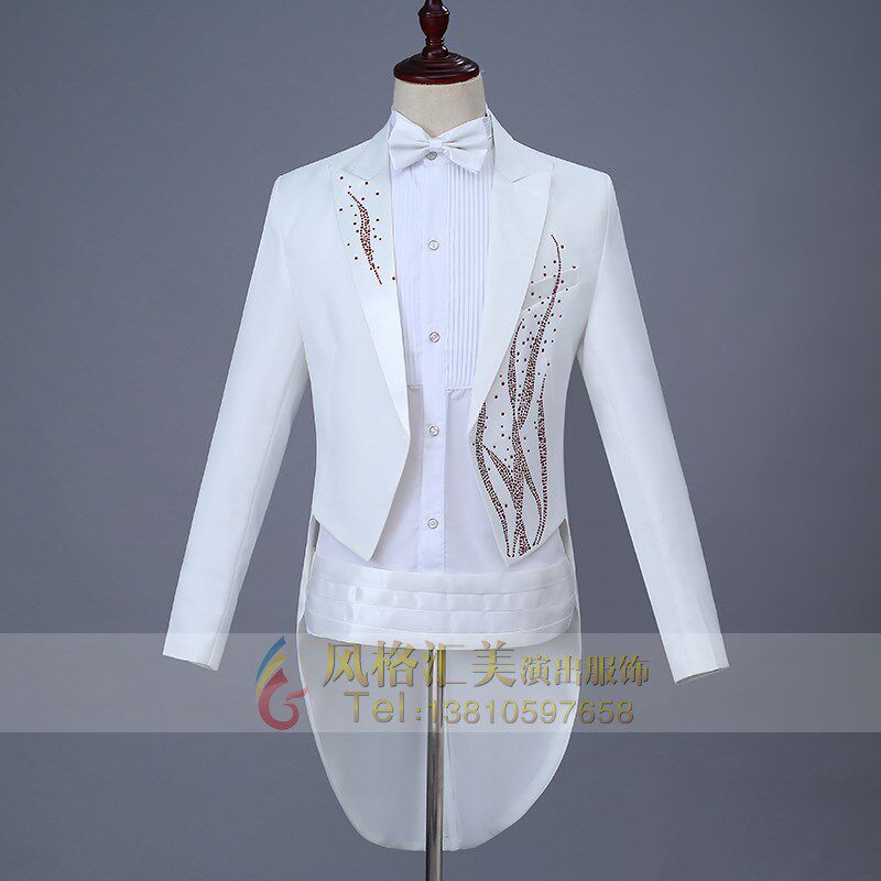 新品男士大合唱燕尾演出服合唱指挥礼服套装结P婚主持人晚礼服白