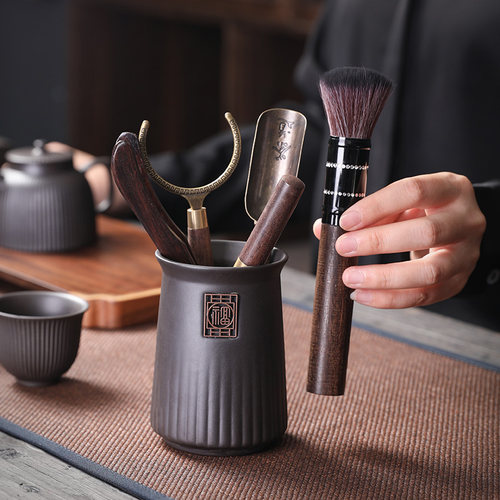 新品黑檀木茶道六君子 家用茶B夹茶刀杯叉茶勺壶笔茶道配件套组