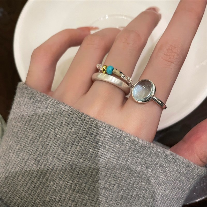 极速碎银子湖蓝色宝石戒指女w开口气质冷淡风戒指网红时尚个性食