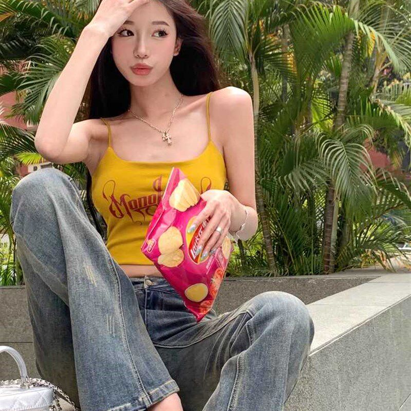 新品美式运动露背吊带背心女内搭外穿夏季性感小众辣W妹带胸垫抹