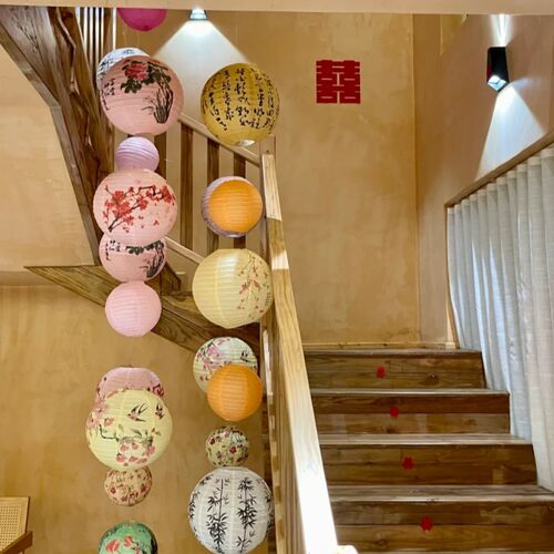 新品结婚纸灯笼瀑k布国风花鸟婚房婚礼布置新娘拍照道具红色喜中