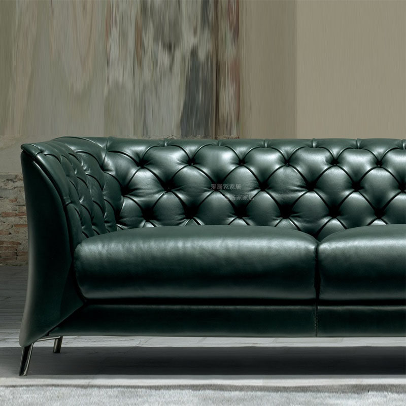 极速意式轻奢三i人沙发美式四人真皮拉扣油蜡皮墨绿色北欧后现代