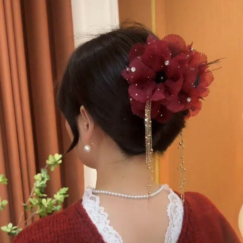 轻奢红色花朵流苏抓夹新年小众发饰高颜值优雅女士后脑勺头花