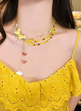 黄色蝴蝶流苏choker 小众度假风颈链 锁骨链女配饰 合金吊坠项链