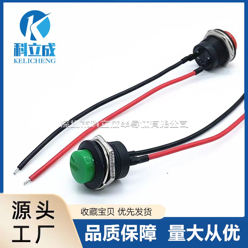 16mm按钮开关带线R13-507红黄蓝绿白黑色2脚按键点动复位开关3A