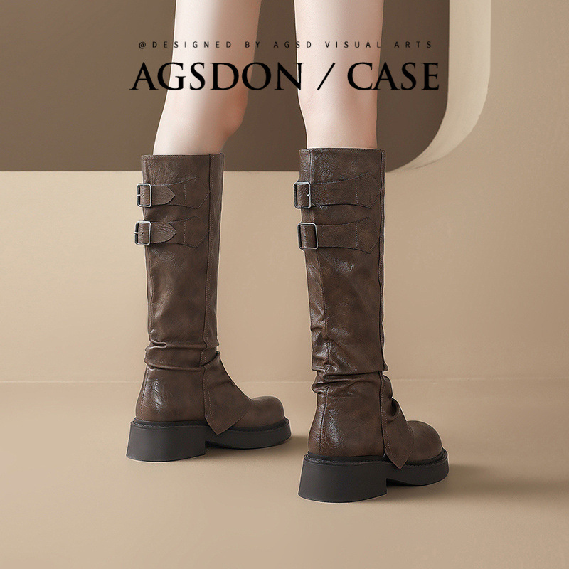 奥古狮登棕色长筒靴女2025新款秋季不过膝复古美拉德堆堆裤管靴潮