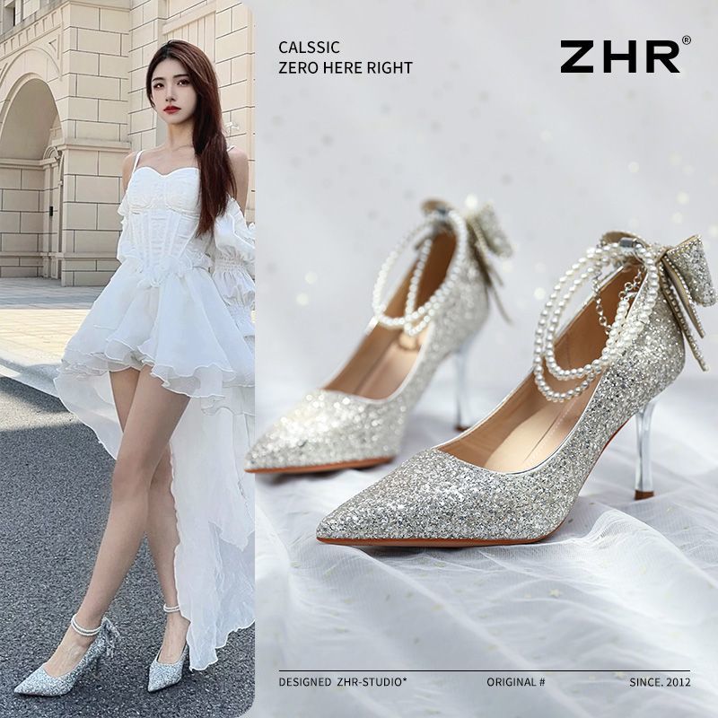 ZHR则则银色水钻一字扣高跟鞋图片