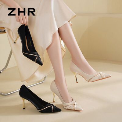 ZHR则则蝴蝶结珍珠链高跟鞋女鞋