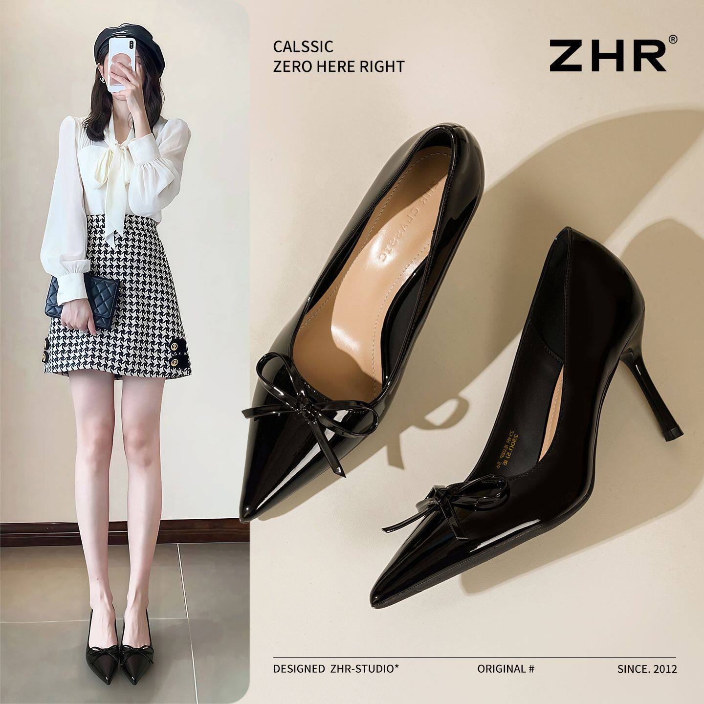 ZHR则则尖头裸色高跟鞋女2026春季新款蝴蝶结浅口单鞋气质女鞋子