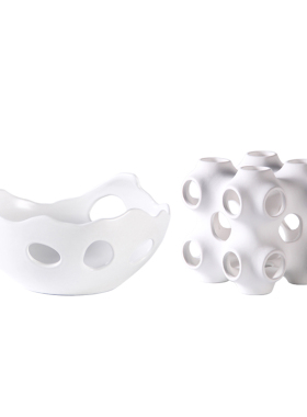 现代简约家d居陶瓷白色镂空方形摆件插花器样板间客厅餐桌果盘装