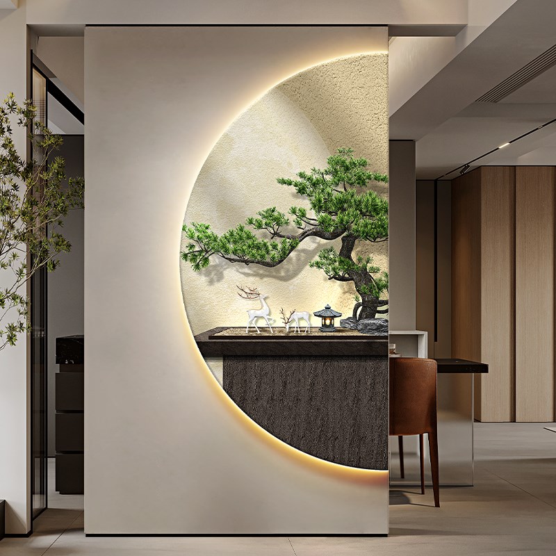 迎客松走廊玄关装饰画新中式麋鹿过道挂画带灯月T球入户半圆形壁