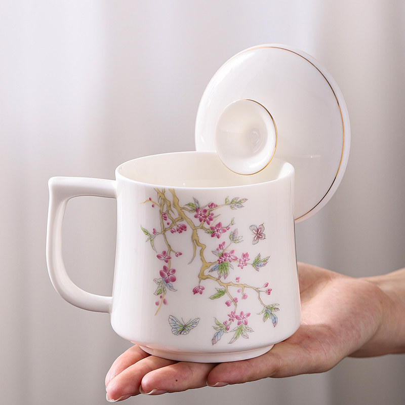 羊脂玉白瓷泡茶杯家用办公室水杯个人专用陶瓷茶杯带盖伴手礼中式
